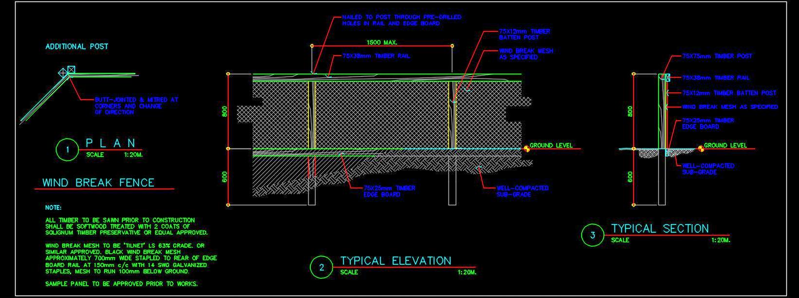 Wind Break Fence with Timber Batten - CAD Detail